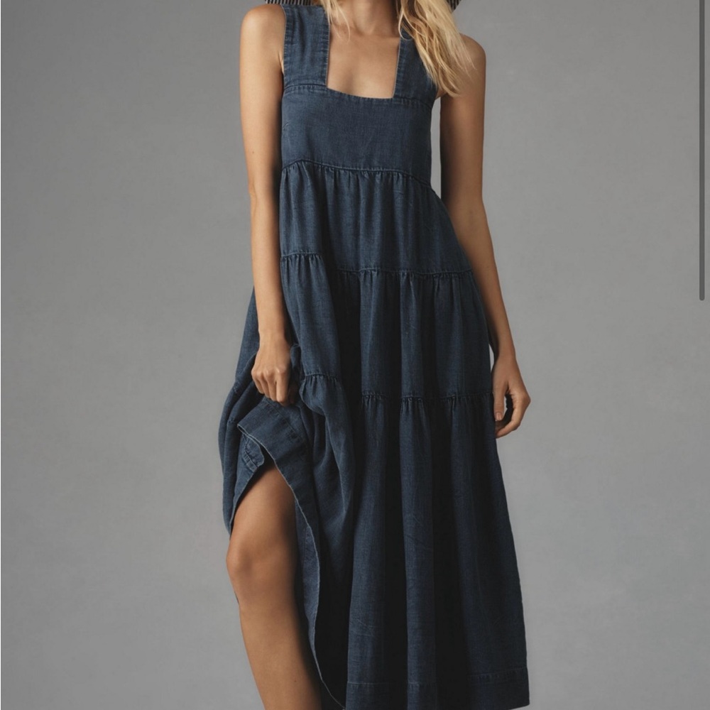 The Helena Square-Neck Tiered Midi denim